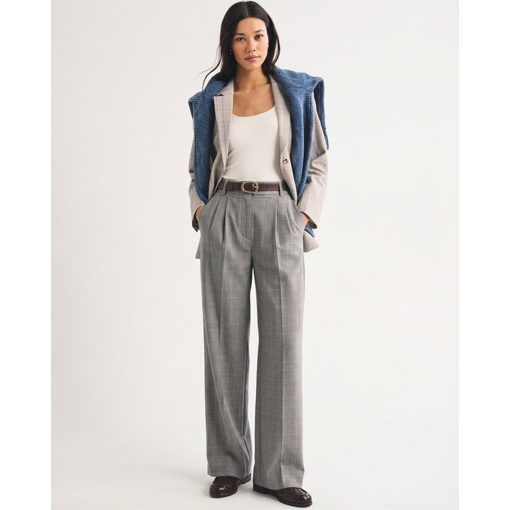 Abercrombie & Fitch Womens Sloane Tailored Pant Wide Leg Grey Plaid 29 Long